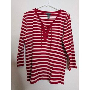 Lauren Ralph Lauren Red Striped Top Lace-Up Women's Size XL Cotton Western